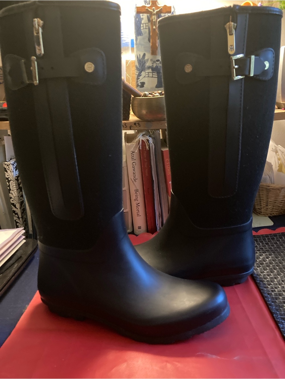 Tommy Hilfiger Black Tall Women's Rain Boots with Buckle Trim